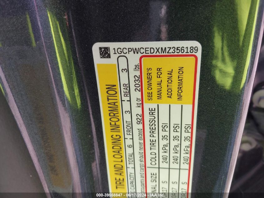 2021 Chevrolet Silverado 1500 VIN: 1GCPWCEDXMZ356189 Lot: 39558847