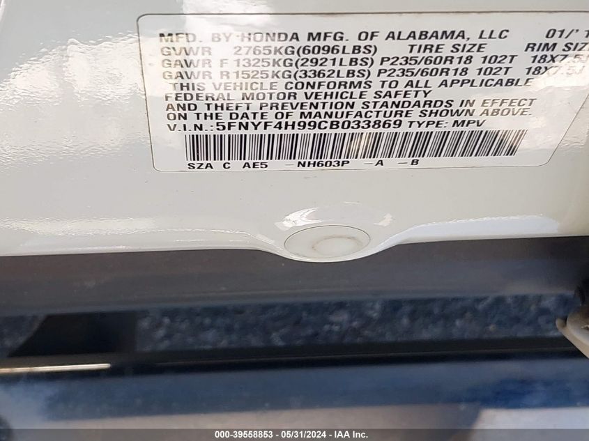 2012 Honda Pilot Touring VIN: 5FNYF4H99CB033869 Lot: 39558853