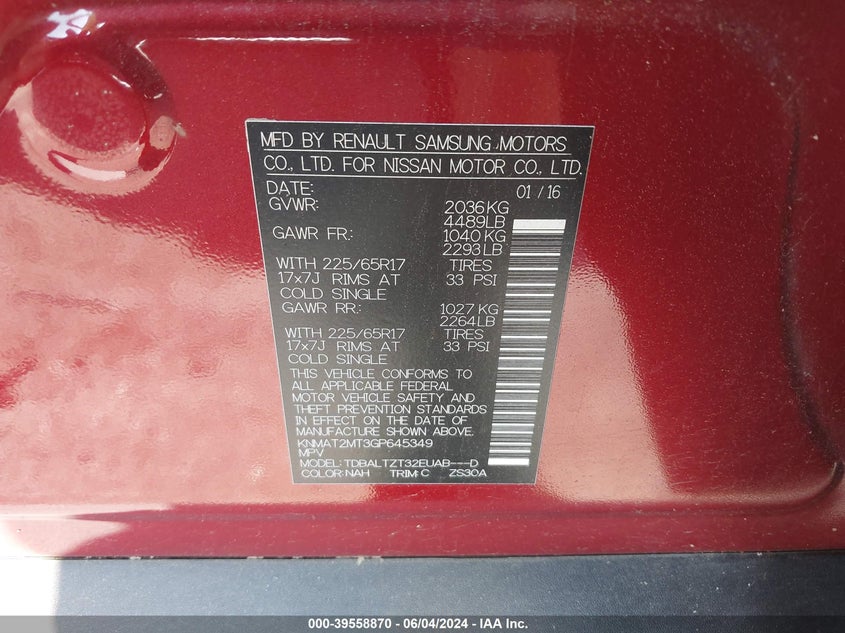 2016 Nissan Rogue Sv VIN: KNMAT2MT3GP645349 Lot: 39558870