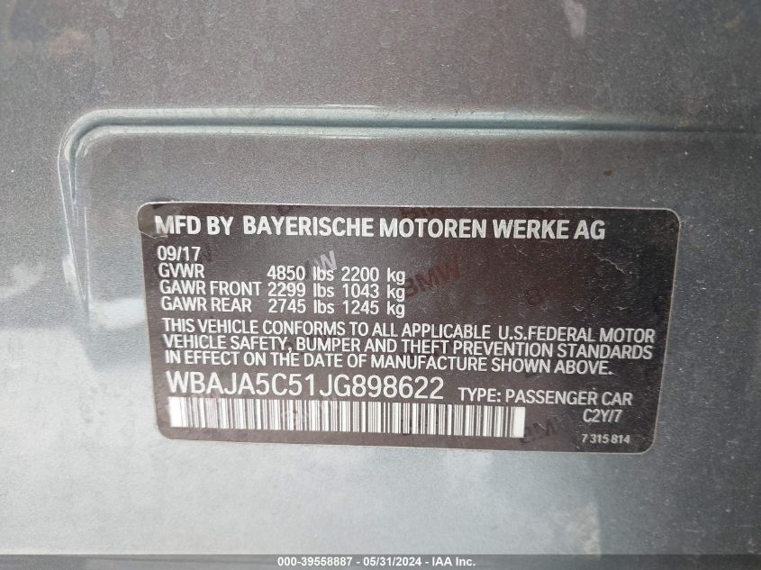 2018 BMW 530I VIN: WBAJA5C51JG898622 Lot: 39558887