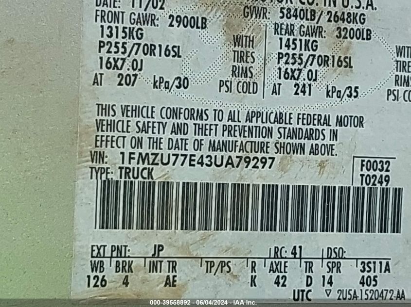 2003 Ford Explorer Sport Trac Xls/Xlt VIN: 1FMZU77E43UA79297 Lot: 39558892