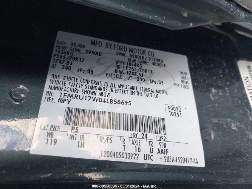 2004 Ford Expedition Eddie Bauer VIN: 1FMRU17W04LB56695 Lot: 39558894