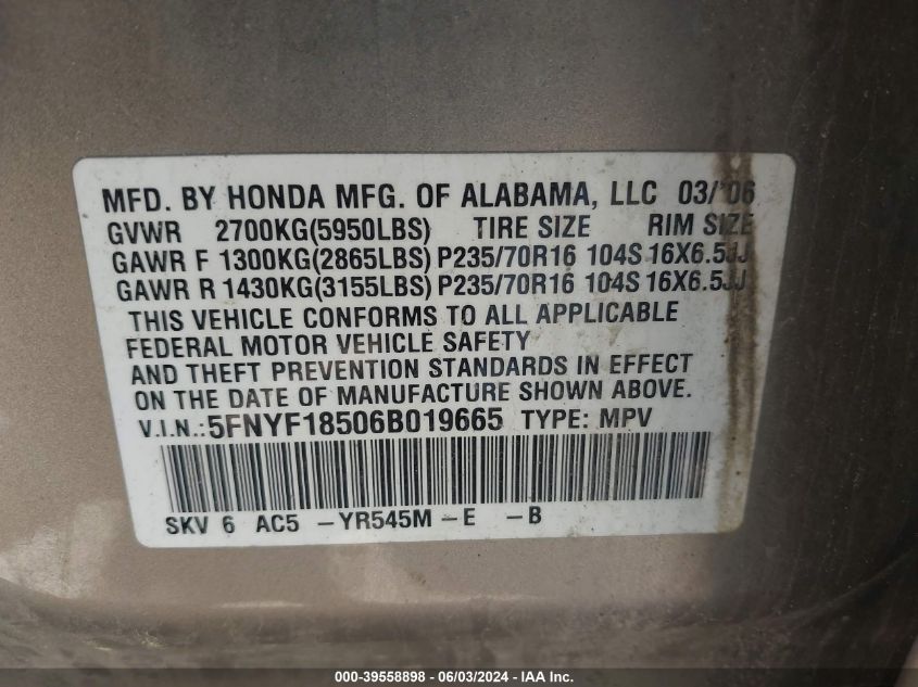 2006 Honda Pilot Ex-L VIN: 5FNYF18506B019665 Lot: 39558898