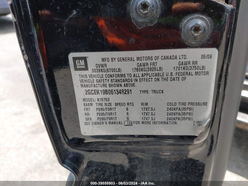 2006 Chevrolet Silverado 1500 K1500 VIN: 2GCEK19B061348291 Lot: 39558903