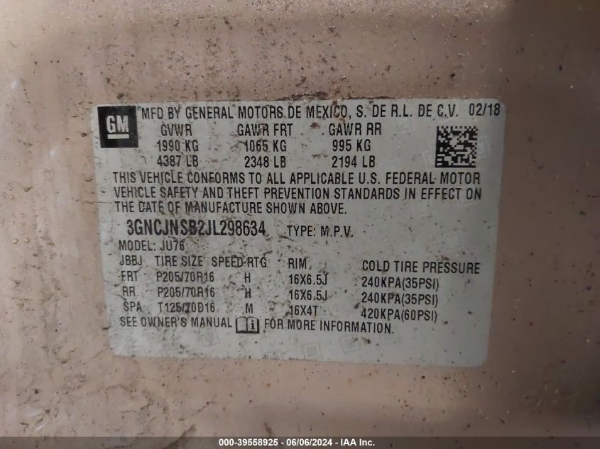 2018 Chevrolet Trax Ls VIN: 3GNCJNSB2JL298634 Lot: 39558925