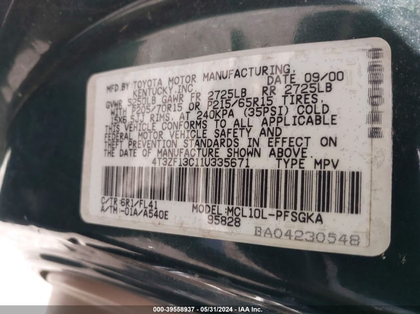 2001 Toyota Sienna Xle VIN: 4T3ZF13C11U335671 Lot: 39558937