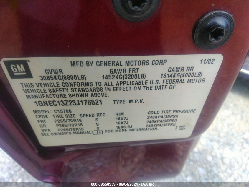 2003 Chevrolet Tahoe Lt VIN: 1GNEC13Z23J176521 Lot: 39558939