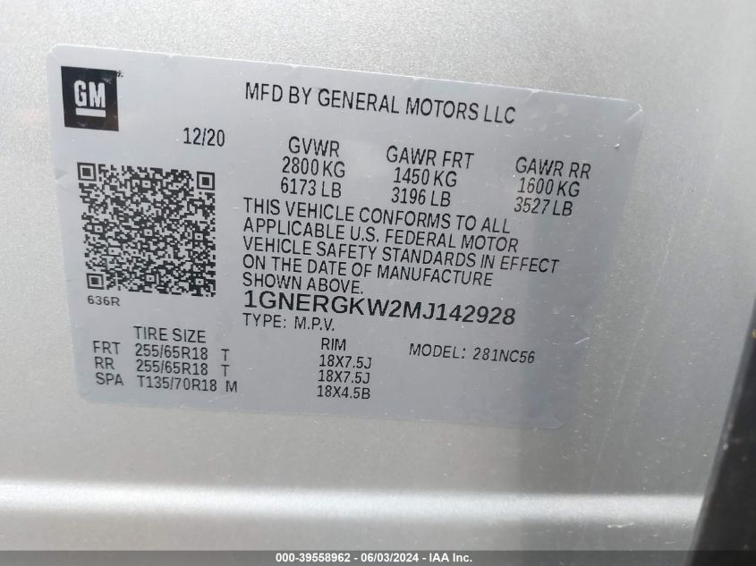 2021 Chevrolet Traverse Fwd Lt Cloth VIN: 1GNERGKW2MJ142928 Lot: 39558962