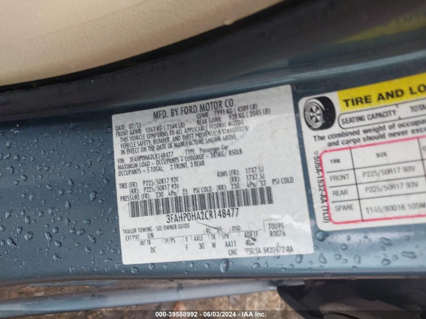 2012 Ford Fusion Se VIN: 3FAHP0HA2CR148477 Lot: 39558992