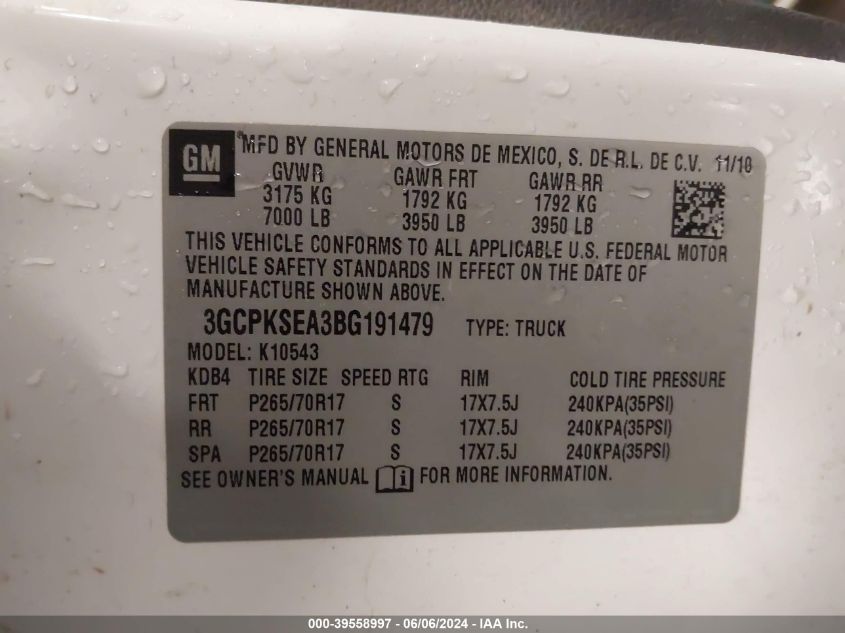 2011 Chevrolet Silverado 1500 Lt VIN: 3GCPKSEA3BG191479 Lot: 39558997