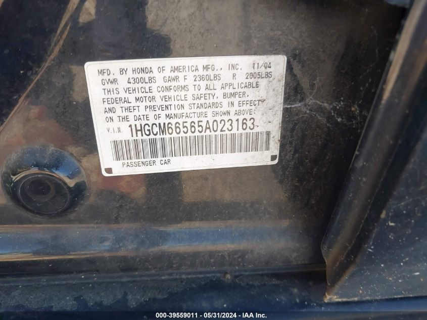 2005 Honda Accord 3.0 Ex VIN: 1HGCM66565A023163 Lot: 39559011