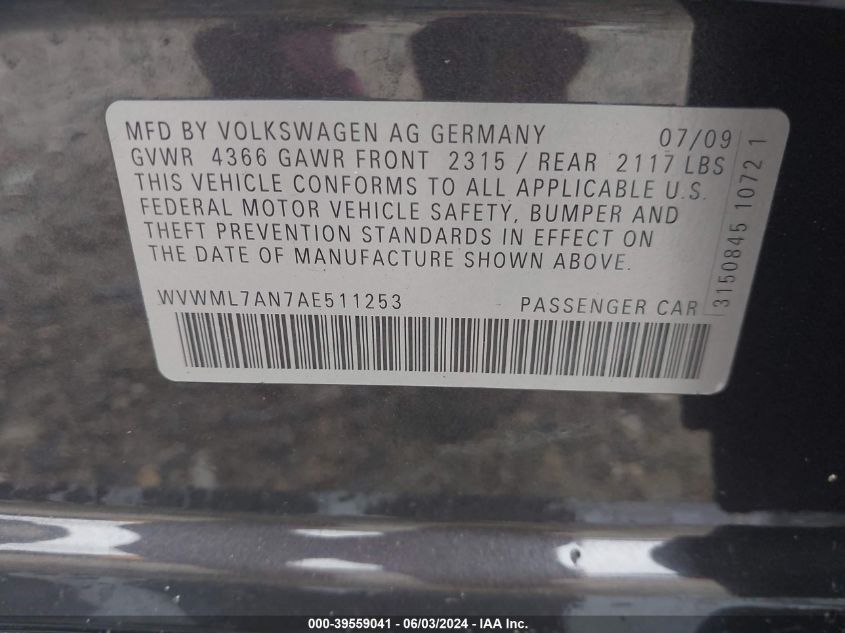 WVWML7AE511253 2010 Volkswagen Passat