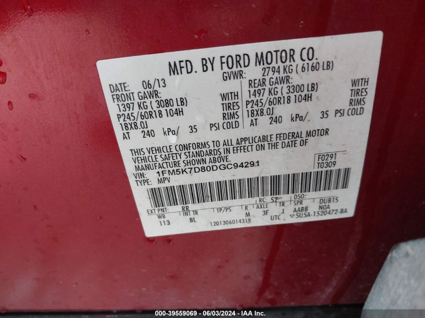 2013 Ford Explorer Xlt VIN: 1FM5K7D80DGC94291 Lot: 39559069