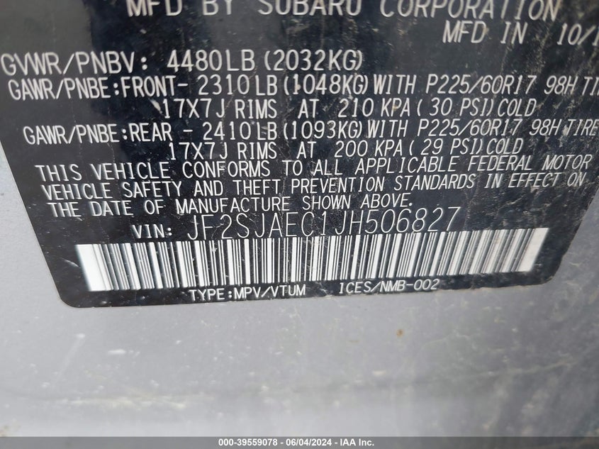 2018 Subaru Forester 2.5I Premium VIN: JF2SJAEC1JH506827 Lot: 39559078