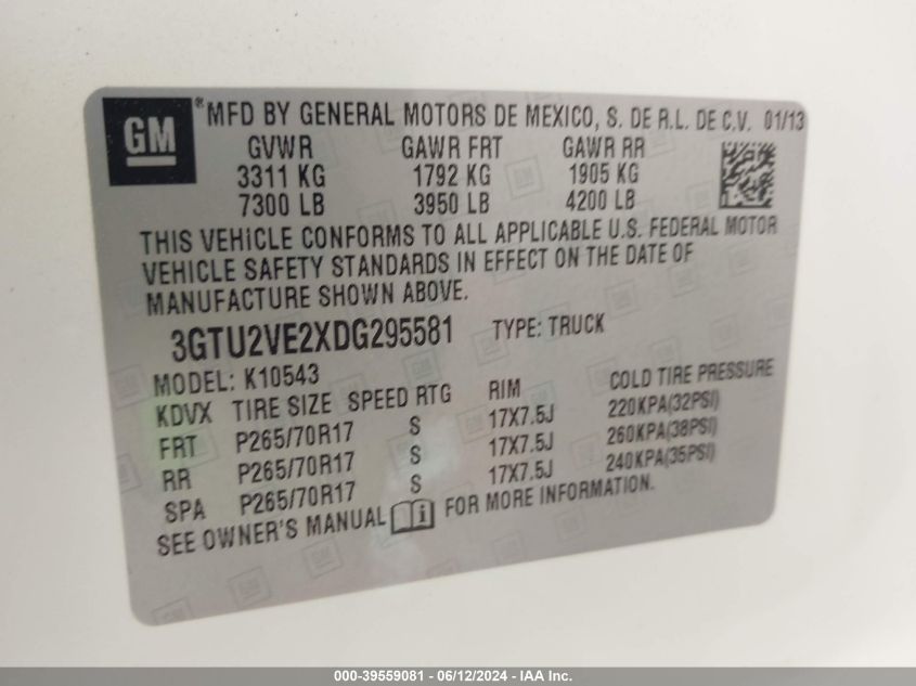 2013 GMC Sierra 1500 Sle VIN: 3GTU2VE2XDG295581 Lot: 39559081