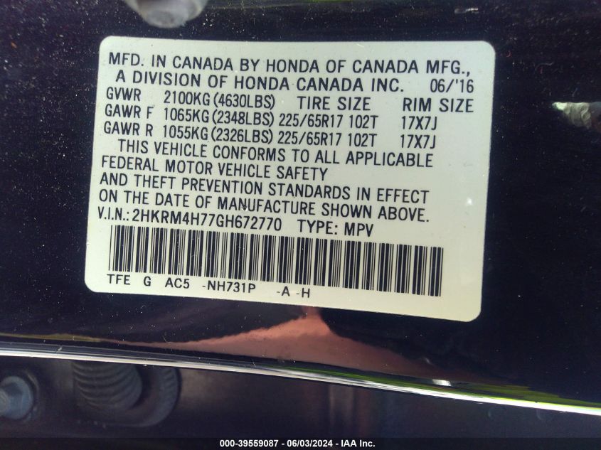 2HKRM4H77GH672770 2016 Honda Cr-V Ex-L