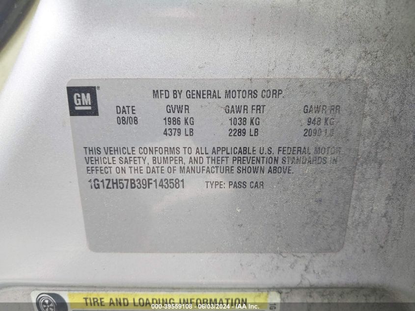 2009 Chevrolet Malibu Lt VIN: 1G1ZH57B39F143581 Lot: 39559108
