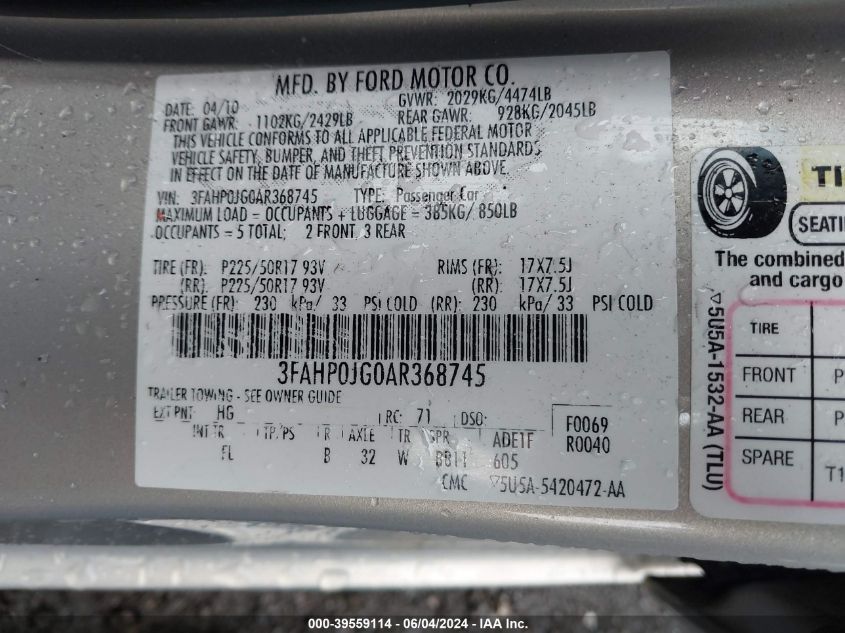 2010 Ford Fusion Sel VIN: 3FAHP0JG0AR368745 Lot: 39559114