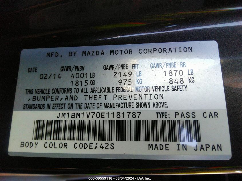 2014 Mazda Mazda3 I Touring VIN: JM1BM1V70E1181787 Lot: 39559116