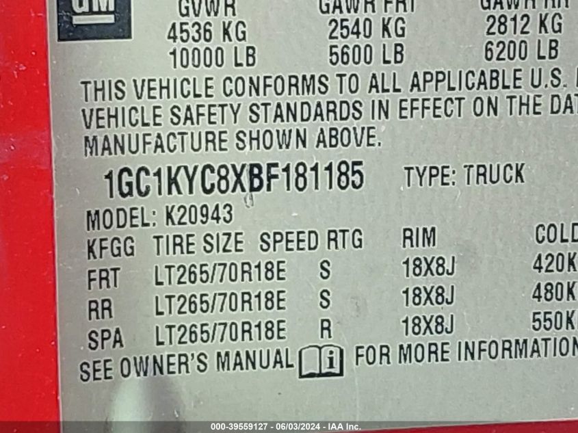 2011 Chevrolet Silverado 2500Hd Ltz VIN: 1GC1KYC8XBF181185 Lot: 39559127