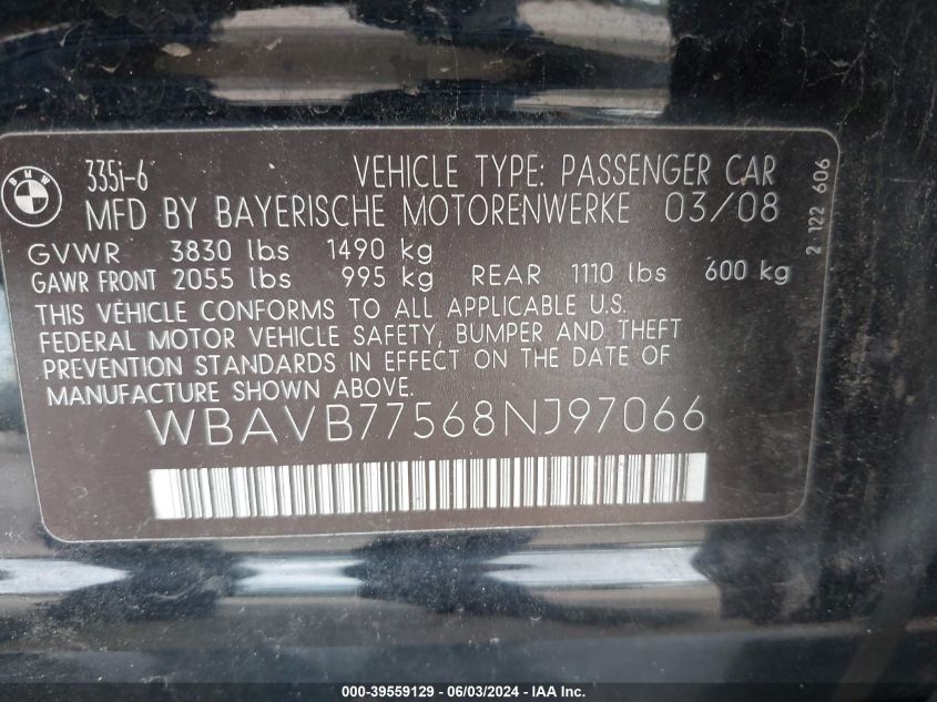 2008 BMW 335I VIN: WBAVB77568NJ97066 Lot: 39559129