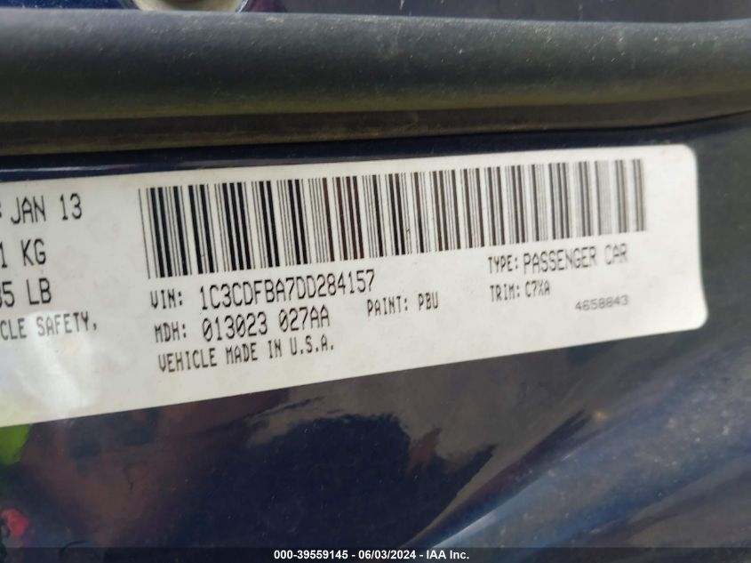 2013 Dodge Dart Rallye VIN: 1C3CDFBA7DD284157 Lot: 39559145