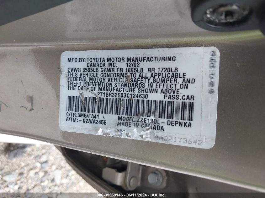 2003 Toyota Corolla Le VIN: 2T1BR32E03C124630 Lot: 39559146