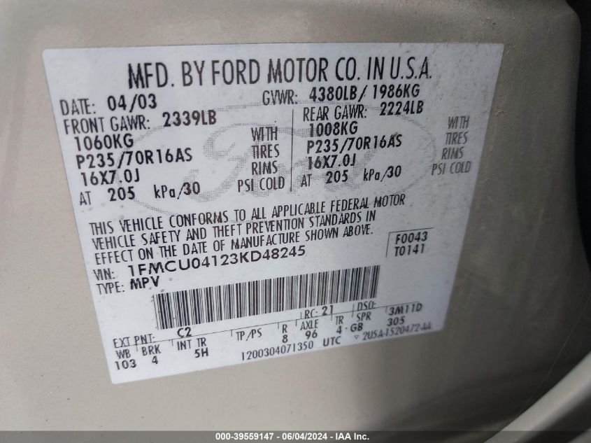 2003 Ford Escape Limited VIN: 1FMCU04123KD48245 Lot: 39559147