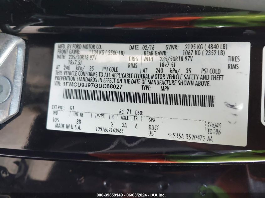 2016 Ford Escape Titanium VIN: 1FMCU9J97GUC68027 Lot: 39559149