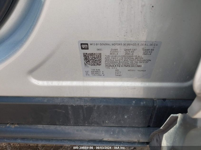 2021 Chevrolet Equinox Awd 2Fl VIN: 3GNAXTEV7MS161389 Lot: 39559156