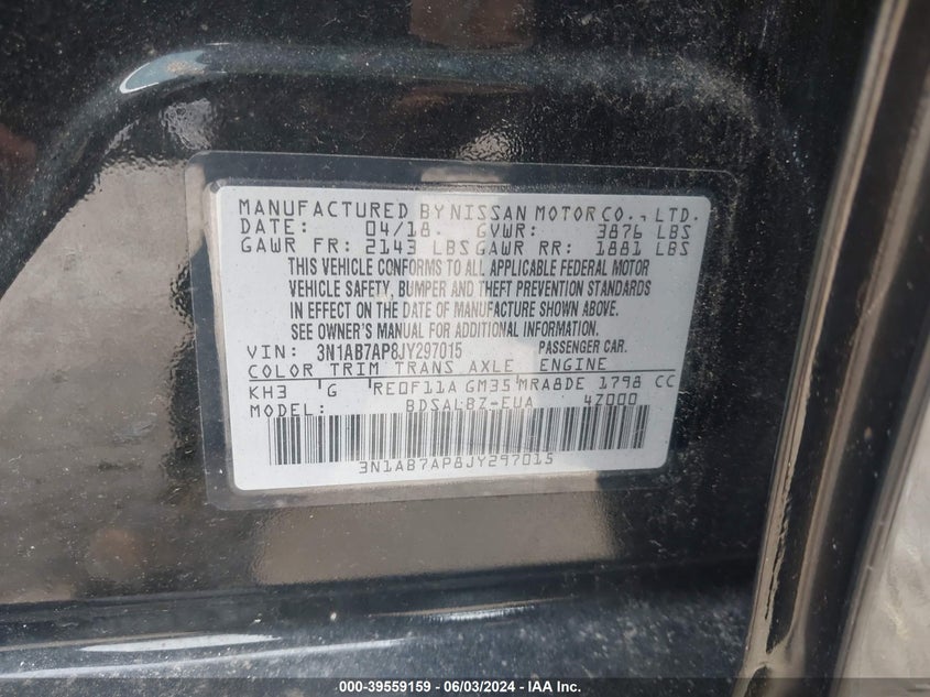 2018 Nissan Sentra S VIN: 3N1AB7AP8JY297015 Lot: 39559159