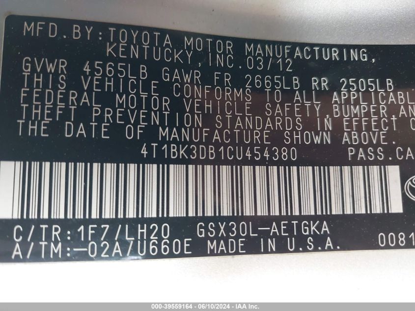 2012 Toyota Avalon VIN: 4T1BK3DB1CU454380 Lot: 39559164