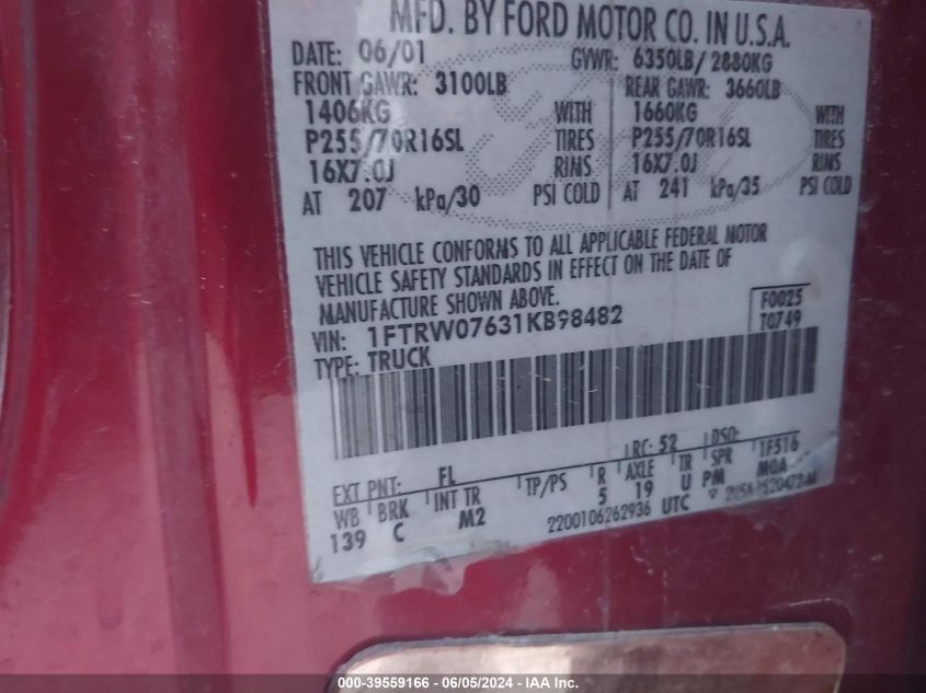2001 Ford F-150 Harley-Davidson Edition/King Ranch Edition/Lariat/Xlt VIN: 1FTRW07631KB98482 Lot: 39559166