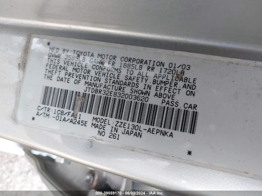 2003 Toyota Corolla Le VIN: JTDBR32E832003620 Lot: 39559170