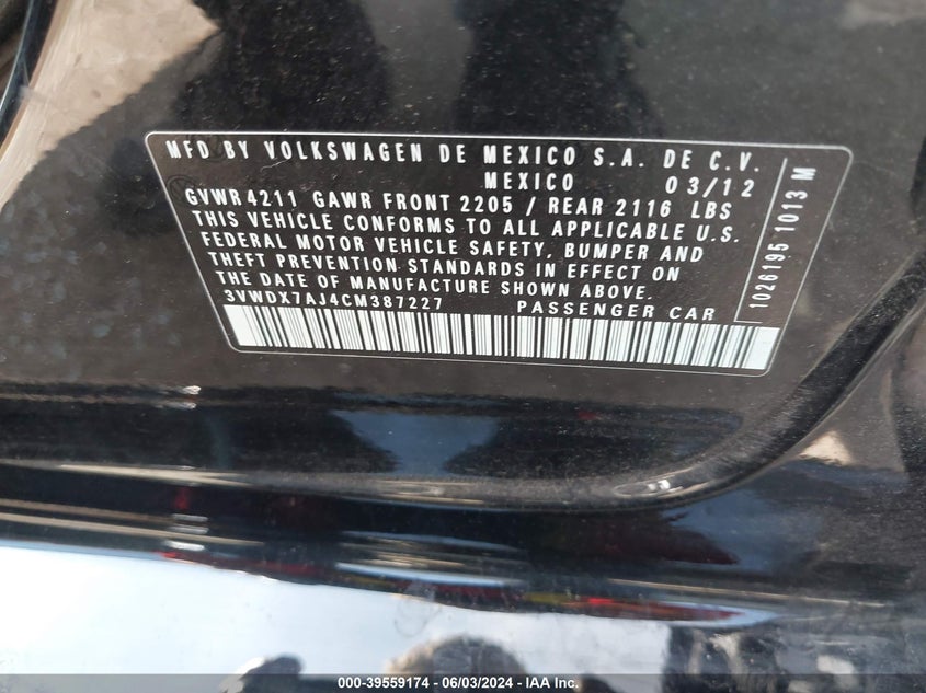 2012 Volkswagen Jetta 2.5L Se VIN: 3VWDX7AJ4CM387227 Lot: 39559174