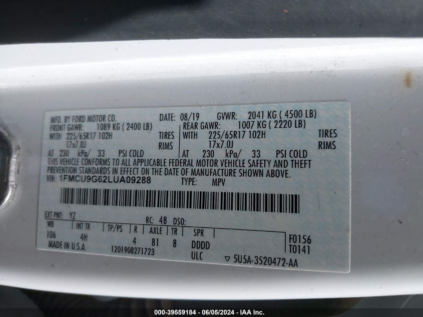 1FMCU9G62LUA09288 2020 Ford Escape Se