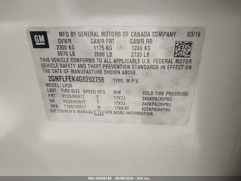 2016 Chevrolet Equinox Lt VIN: 2GNFLFEK4G6292758 Lot: 39559186