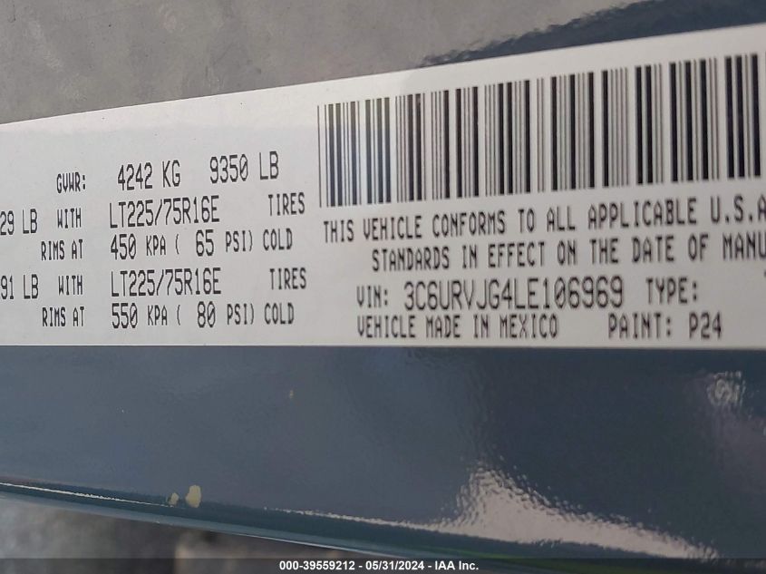 2020 Ram Promaster 3500 Cargo Van High Roof 159 Wb Ext VIN: 3C6URVJG4LE106969 Lot: 39559212