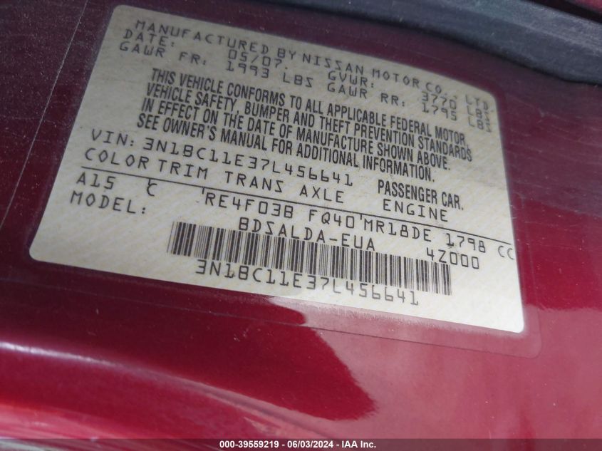 2007 Nissan Versa 1.8S VIN: 3N1BC11E37L456641 Lot: 39559219