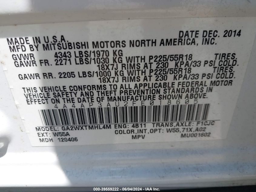 2015 Mitsubishi Outlander Sport Es VIN: 4A4AP3AU2FE018605 Lot: 39559222