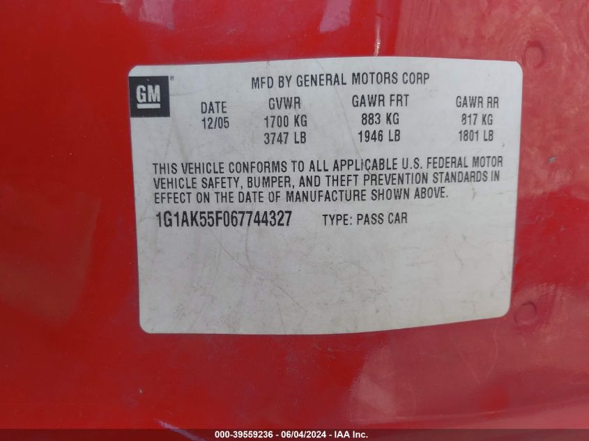 2006 Chevrolet Cobalt Ls VIN: 1G1AK55F067744327 Lot: 39559236