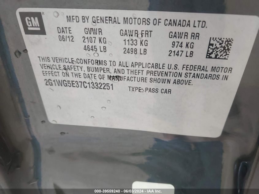 2012 Chevrolet Impala Lt VIN: 2G1WG5E37C1332251 Lot: 39559240