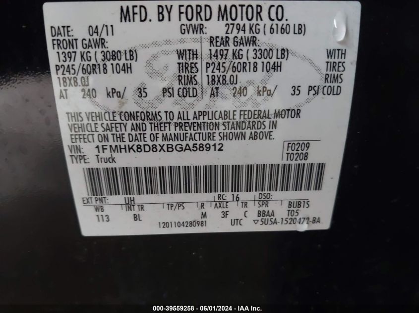 2011 Ford Explorer Xlt VIN: 1FMHK8D8XBGA58912 Lot: 39559258