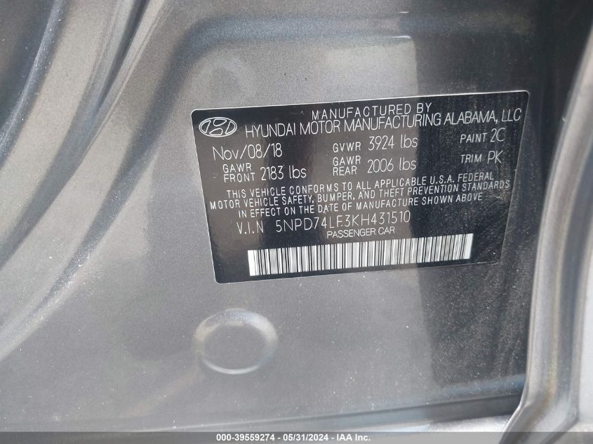 2019 Hyundai Elantra Se VIN: 5NPD74LF3KH431510 Lot: 39559274