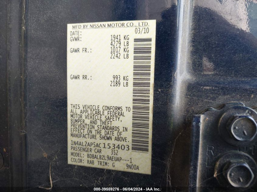 2010 Nissan Altima 2.5 S VIN: 1N4AL2AP5AC153403 Lot: 39559276