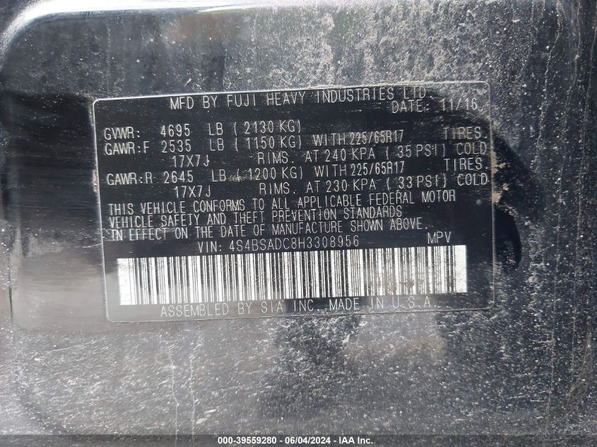 2017 Subaru Outback 2.5I Premium VIN: 4S4BSADC8H3308956 Lot: 39559280