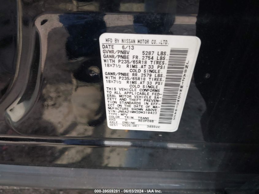 2013 Nissan Murano S/Sl/Le VIN: JN8AZ1MW2DW319423 Lot: 39559281