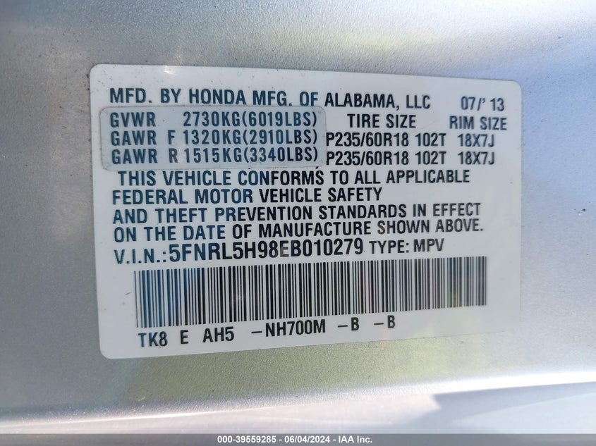 2014 Honda Odyssey Touring/Touring Elite VIN: 5FNRL5H98EB010279 Lot: 39559285