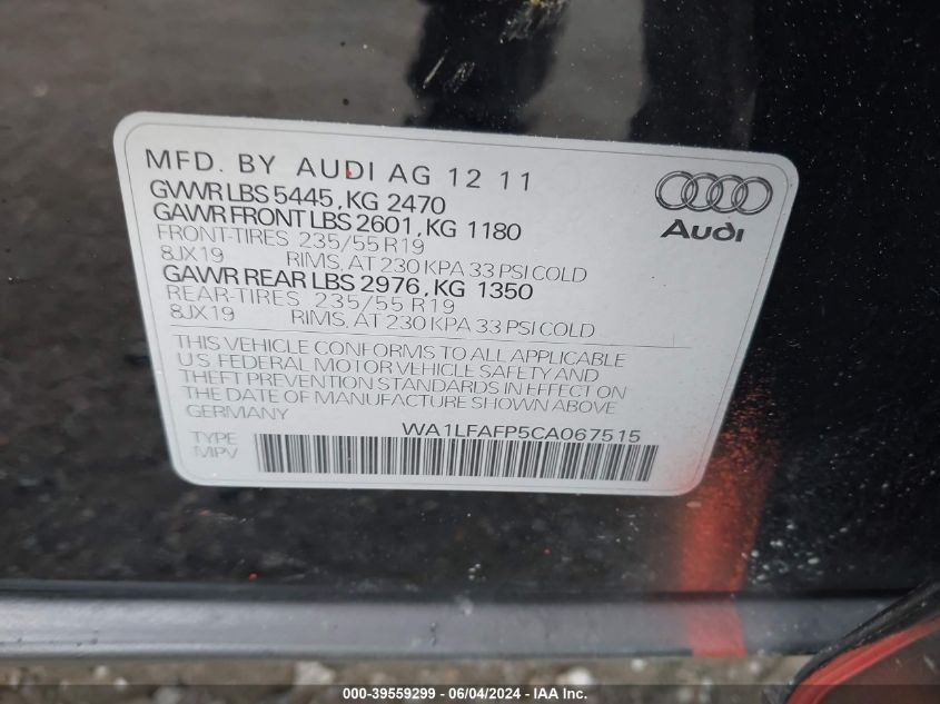 2012 Audi Q5 2.0T Premium VIN: WA1LFAFP5CA067515 Lot: 39559299