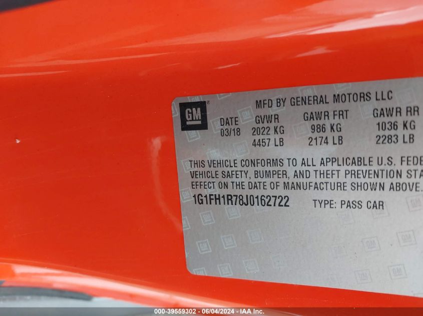 2018 Chevrolet Camaro 2Ss VIN: 1G1FH1R78J0162722 Lot: 39559302
